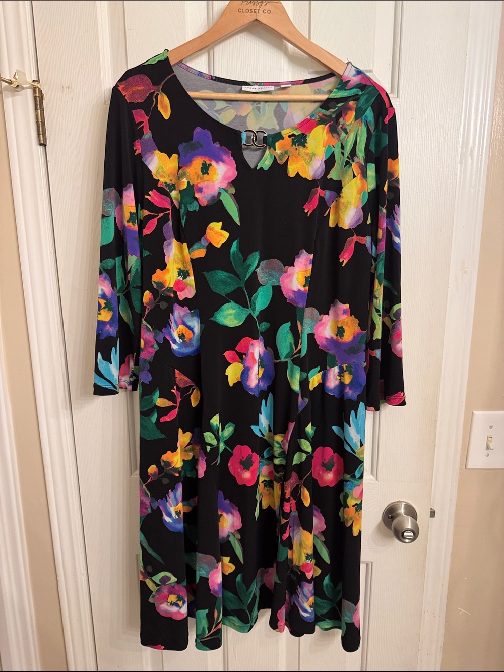Susan Graver Black Midi Dress with Multicolor Floral Print